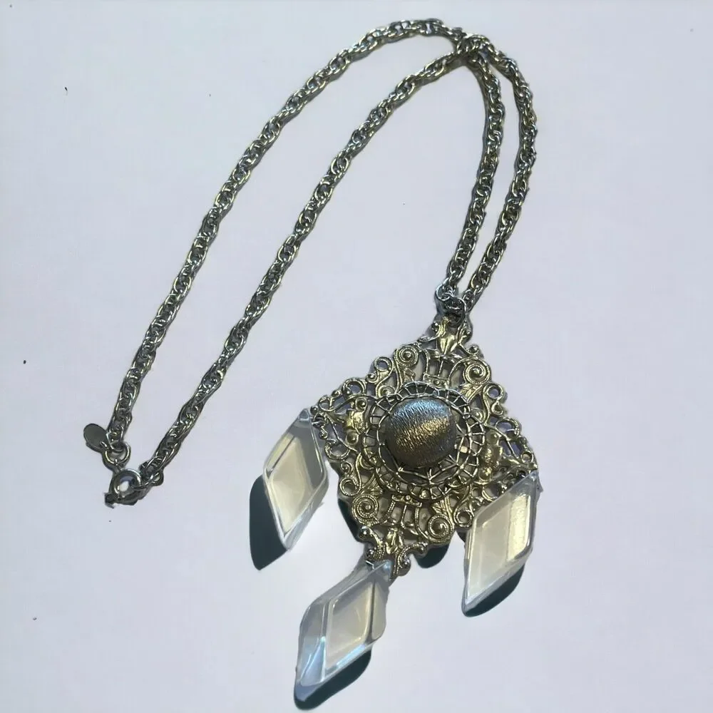 Celebrity NY Company Vintage 70s Statement Necklace Lucite Pendant Silver Tone